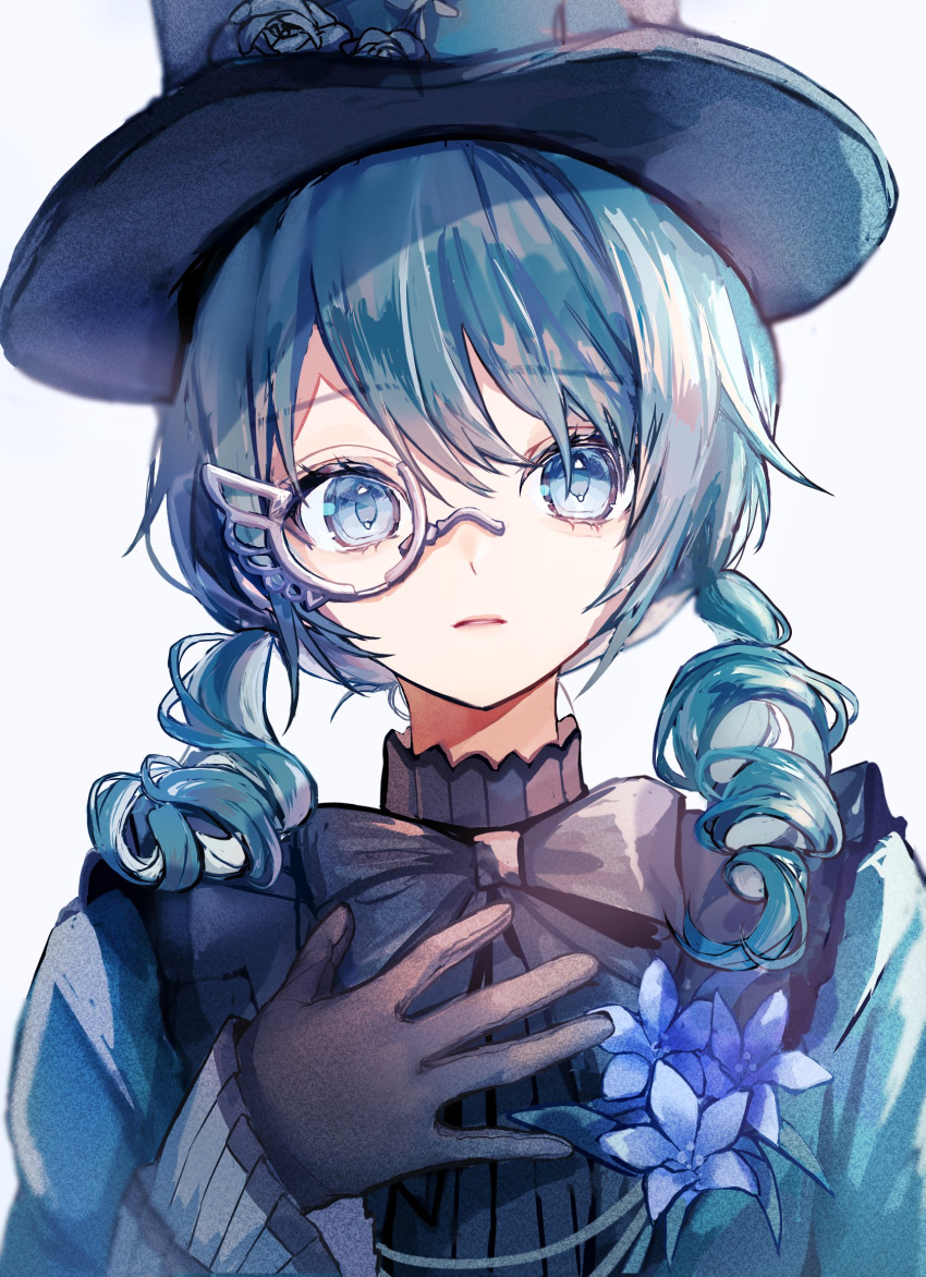 1girl bangs black_bow black_bowtie black_gloves black_headwear blue_flower bow bowtie drill_hair flower gloves green_eyes green_hair grey_background hat hatsune_miku highres long_hair long_sleeves looking_at_viewer low_twintails monocle parted_lips pipi project_sekai shiny shiny_hair simple_background solo top_hat twin_drills twintails