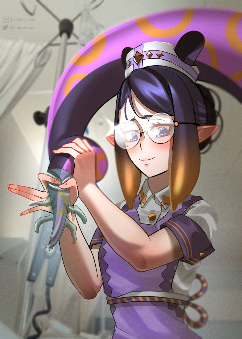 1girl apron athies bangs bespectacled blue_eyes glasses gloves hat highres hololive hololive_english hospital latex latex_gloves long_hair looking_at_viewer multicolored_hair ninomae_ina'nis nurse nurse_cap orange_hair pointy_ears purple_hair solo tentacle_hair tentacles virtual_youtuber