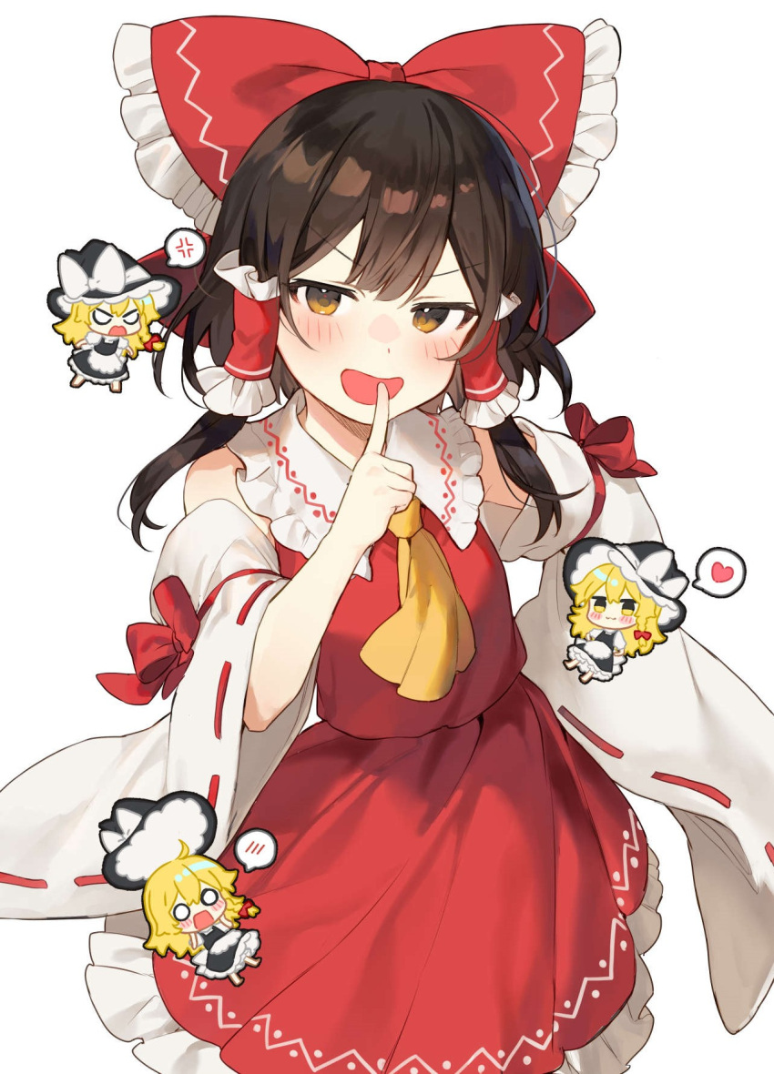 2girls anger_vein apron ascot back_bow bangs bare_shoulders barefoot black_dress black_headwear blush bow braid brown_eyes brown_hair chibi closed_eyes closed_mouth collared_dress detached_sleeves dress flying frills hair_between_eyes hair_bow hair_ornament hair_tubes hakurei_reimu hand_on_hip hand_up hat hat_bow hat_removed headwear_removed heart highres jill_07km kirisame_marisa long_sleeves looking_at_viewer looking_to_the_side multiple_girls no_headwear open_mouth puffy_short_sleeves puffy_sleeves red_bow red_dress shirt short_hair short_sleeves simple_background single_braid smile speech_bubble standing touhou v-shaped_eyebrows white_apron white_background white_bow white_eyes white_shirt wide_sleeves witch_hat yellow_ascot yellow_eyes