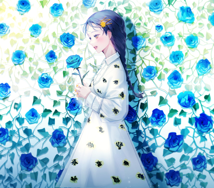 1girl black_hair blue_flower blue_rose blush braid dress flower hair_ornament hairclip highres holding holding_flower lipstick long_hair long_sleeves makeup original rose solo standing white_dress yellow_nails yomii_ba_chu