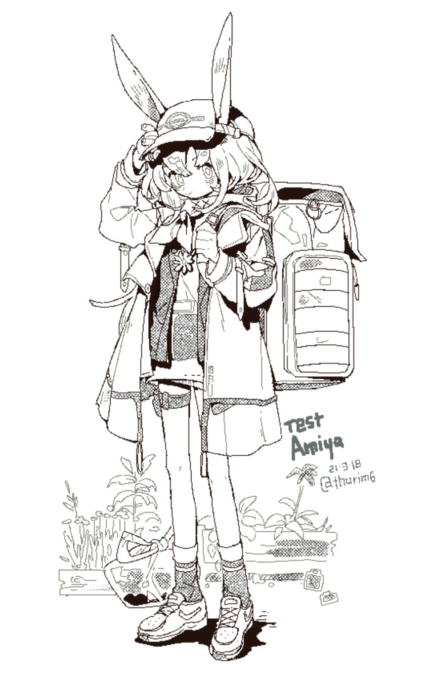1girl amiya_(arknights) amiya_(planter)_(arknights) arknights artist_name backpack bag baseball_cap dated ears_through_headwear flower full_body greyscale hand_up hat highres jacket jaggy_lines long_hair looking_at_viewer monochrome official_alternate_costume open_clothes open_jacket plant shirt shoes socks solo standing thigh_strap thurim6 twitter_username
