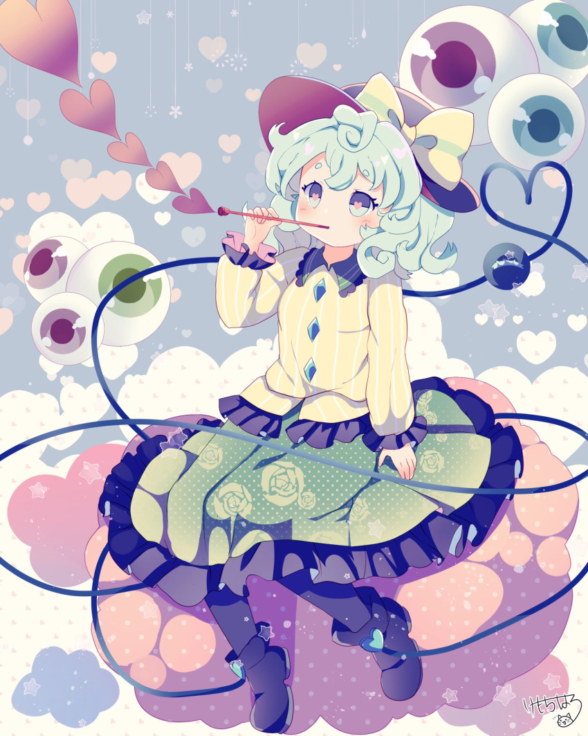 1girl black_footwear black_headwear bow curly_hair eyeball floral_print full_body green_eyes green_hair green_skirt hat hat_bow heart heart-shaped_pupils heart_of_string highres kemo_chiharu komeiji_koishi long_sleeves rose_print shirt short_hair skirt solo symbol-shaped_pupils third_eye touhou wide_sleeves yellow_bow yellow_shirt