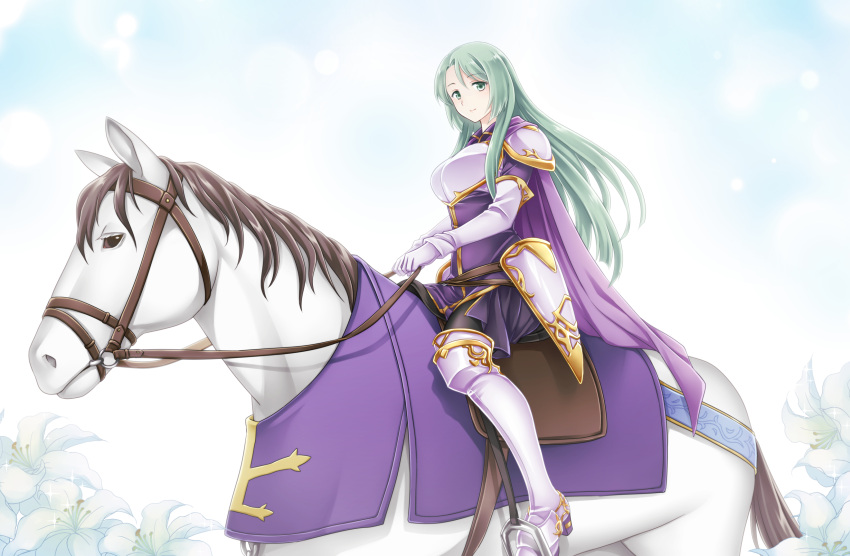 1girl armor armored_boots black_pants boots breastplate cape cecilia_(fire_emblem) dress elbow_gloves fire_emblem fire_emblem:_the_binding_blade flower gloves green_hair ham_pon highres holding holding_reins horse horseback_riding long_hair looking_at_viewer pants purple_cape purple_dress reins riding saddle smile solo violet_eyes white_flower white_footwear white_gloves white_horse