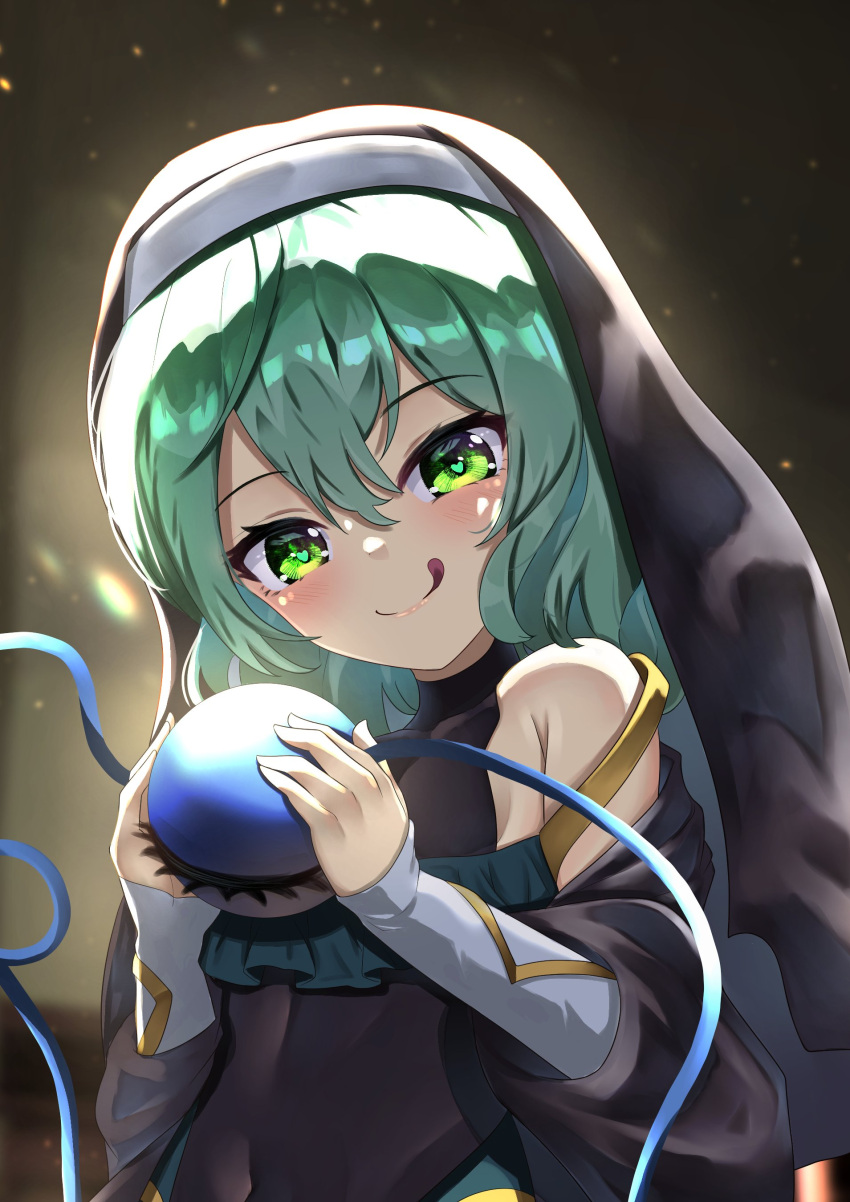 1girl :q absurdres alternate_costume closed_mouth dfra green_eyes green_hair habit heart heart-shaped_pupils highres holding komeiji_koishi looking_at_viewer nun short_hair smile solo symbol-shaped_pupils third_eye tongue tongue_out touhou upper_body