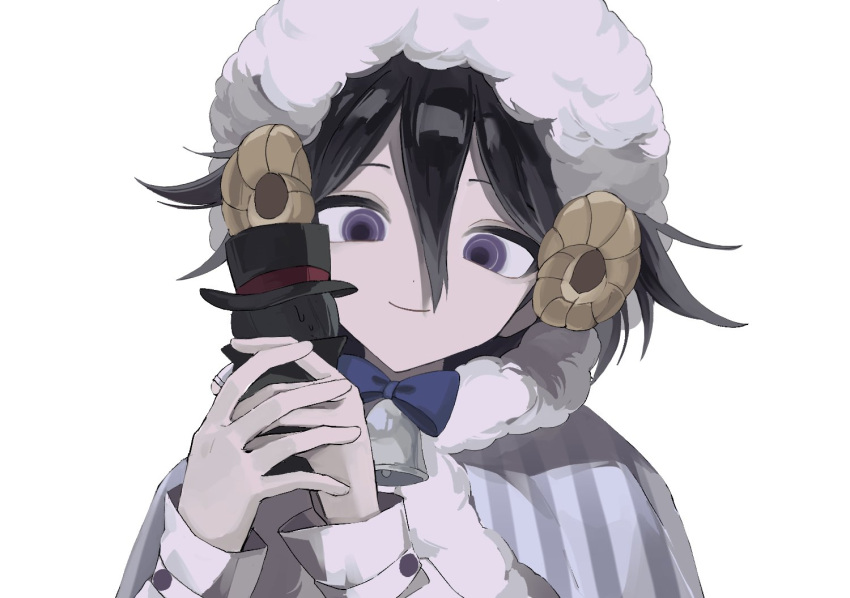 1boy bangs bell black_hair blue_bow blue_bowtie bow bowtie cape character_doll closed_mouth danganronpa_(series) danganronpa_v3:_killing_harmony fur-trimmed_cape fur_trim hair_between_eyes holding horns kkochi_(k_dk170) neck_bell ouma_kokichi portrait saihara_shuuichi sheep_horns shiny shiny_hair simple_background smile solo striped_cape violet_eyes white_background