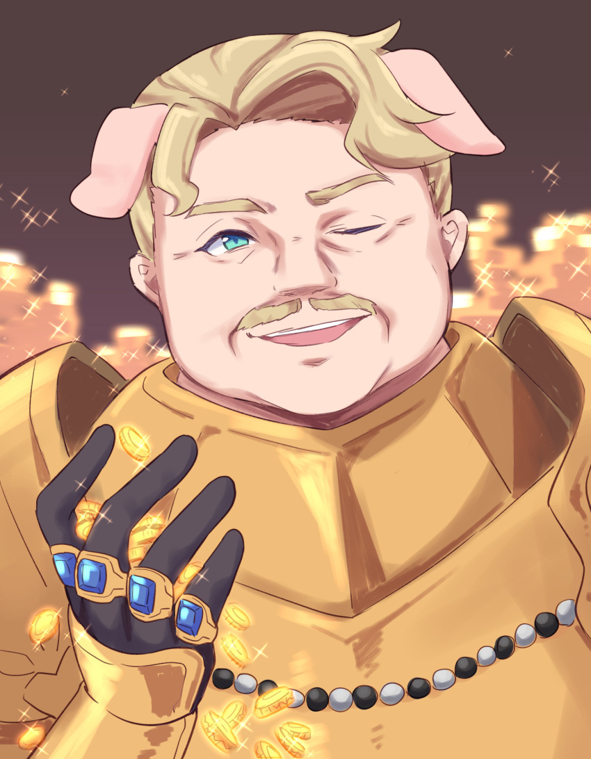 1boy ;d animal_ears armor azold_(princess_connect!) black_gloves blonde_hair blue_eyes blue_gemstone breastplate coin facial_hair gauntlets gem gloves gucchiann hand_up highres jewelry looking_at_viewer male_focus mustache one_eye_closed pig_ears princess_connect! ring smile solo sparkle thick_eyebrows upper_body