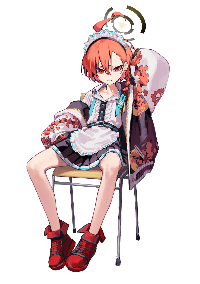 1girl absurdres ahoge apron bare_legs blue_archive braid ear_piercing full_body halo highres jacket maid maid_headdress mole mole_under_eye neru_(blue_archive) piercing pink_hair pleated_skirt red_eyes red_footwear sitting skirt solo sukajan tag yoon_cook