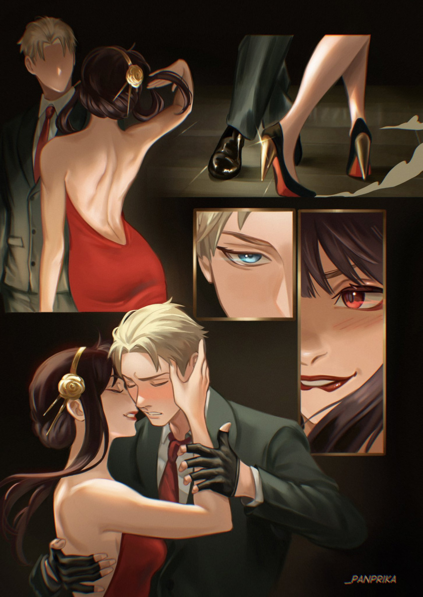 1boy 1girl backless_dress backless_outfit bare_shoulders black_gloves black_hair blonde_hair blue_eyes breasts dancing dress eyelashes eyeshadow formal gloves gold_hairband green_suit highres husband_and_wife lips lipstick long_hair makeup nose panprika11 parted_lips red_dress red_eyes red_lips red_tie short_hair_with_long_locks spy_x_family strapless strapless_dress suit tango twilight_(spy_x_family) yor_briar
