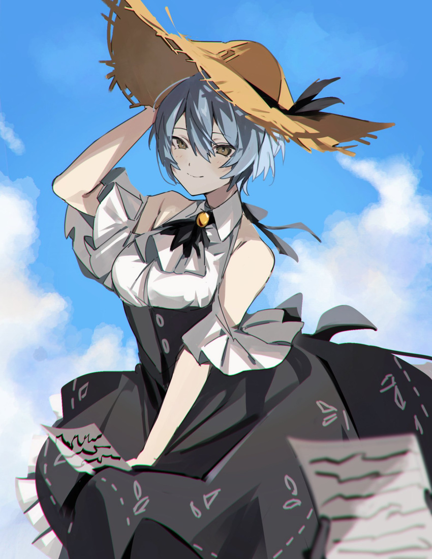 1girl alternate_costume angela_(project_moon) ascot black_skirt blue_hair blue_sky brooch brown_eyes clothing_cutout clouds cowboy_shot hair_between_eyes hand_on_headwear hat high-waist_skirt highres holding holding_paper jewelry library_of_ruina looking_at_viewer mu46016419 paper pov pov_hands project_moon shirt short_hair short_sleeves shoulder_cutout skirt skirt_tug sky smile solo sun_hat white_shirt