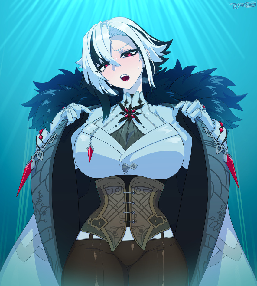 1girl arlecchino_(genshin_impact) belt black_hair blush breasts coat corset cross-shaped_pupils fur genshin_impact gloves highres large_breasts looking_at_viewer open_mouth red_eyes short_hair solo sweat teeth tenk white_gloves white_hair