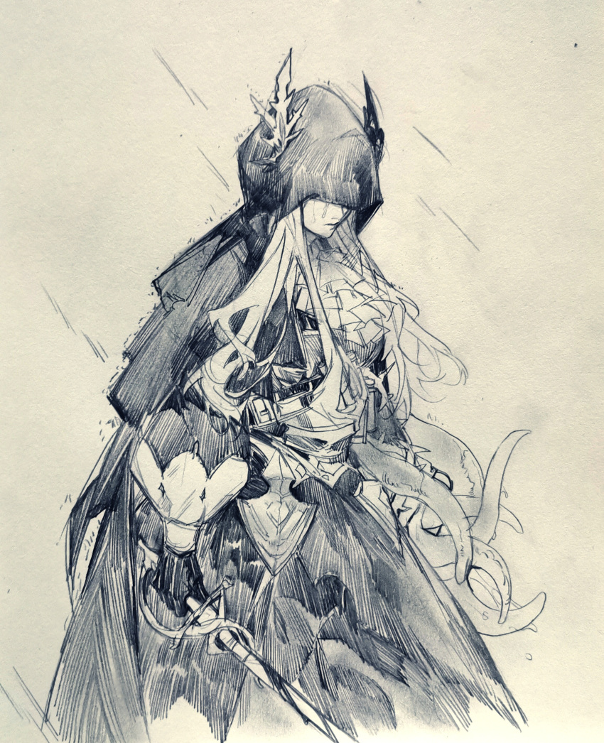 1girl absurdres arknights armor ascot closed_mouth gloves head_wings highres holding holding_sword holding_weapon hood hood_up hooded_coat horns irene_(arknights) long_sleeves monochrome rain sepia single_horn solo spoilers sword tears tentacles weapon
