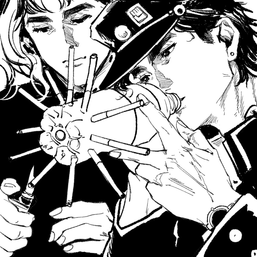 2boys bottle cigarette earrings expressionless gakuran greyscale hat highres holding holding_bottle jewelry jojo_no_kimyou_na_bouken kakyoin_noriaki kujo_jotaro lighting_cigarette looking_at_object male_focus meme monochrome multiple_boys my_nameisyoon school_uniform short_hair stardust_crusaders stud_earrings upper_body watch watch white_background