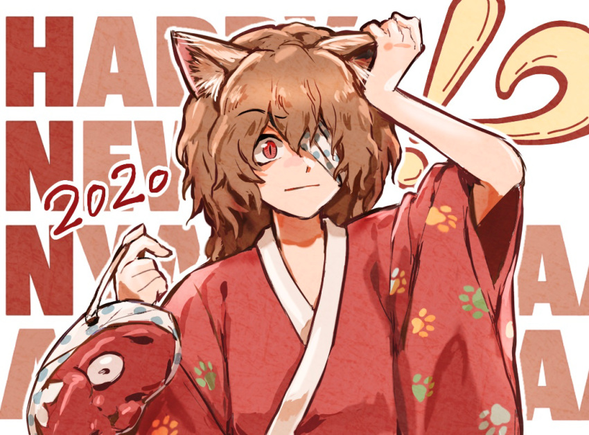 1other 2020 ametsukana_yago androgynous animal_ears bandage_over_one_eye brilliant_pagoda_or_haze_castle brown_hair cat_ears closed_mouth commentary_request happy_new_year hemo_(hemoroda) holding holding_mask japanese_clothes kemonomimi_mode kimono len'en long_hair mask paw_print red_eyes red_kimono slit_pupils solo upper_body