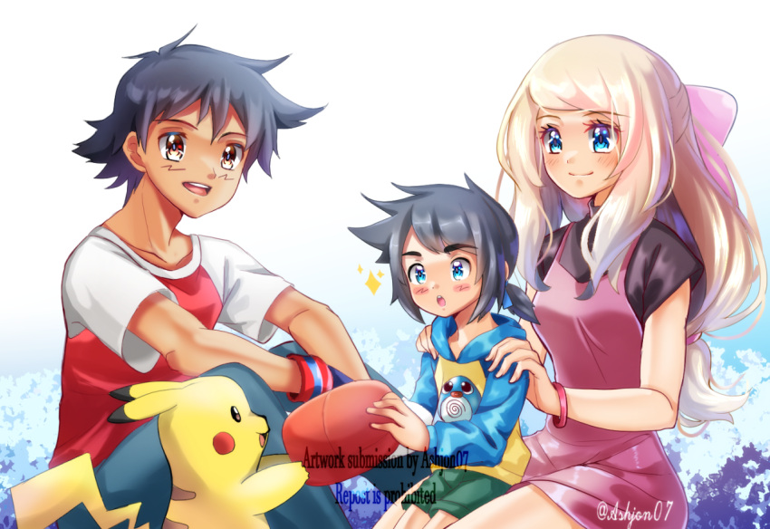 aged_up ash_ketchum ashujou black_hair blonde_hair blue_eyes blush breasts brown_eyes brown_hair child denim family gloves hat holding if_they_mated jeans long_hair mother_and_child open_mouth pants pikachu pokemon pokemon_(anime) pokemon_(creature) pokemon_xy_(anime) serena_(pokemon) shirt short_hair t-shirt