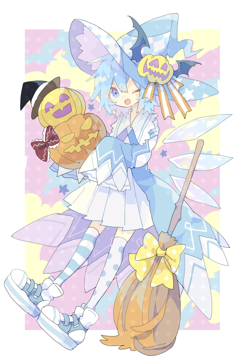 1girl alternate_costume blue_eyes blue_hair blue_headwear blush broom cirno detached_wings fairy full_body hair_between_eyes hat highres ice ice_wings jack-o'-lantern nikorashi-ka one_eye_closed open_mouth pleated_skirt shoes short_hair skirt sleeves_past_fingers sleeves_past_wrists sneakers solo thigh-highs touhou white_skirt white_thighhighs wings witch_hat