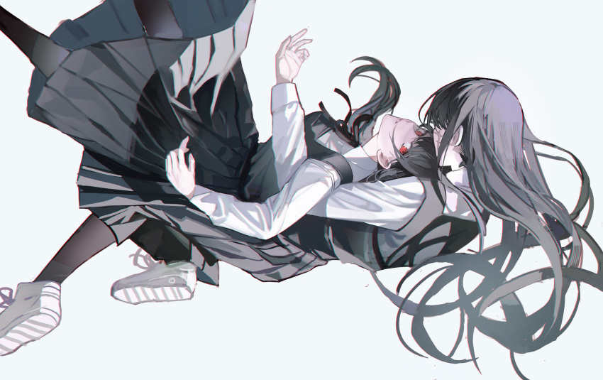 2girls absurdres bangs black_dress black_hair black_pantyhose black_vest chainsaw_man chromatic_aberration dress floating highres long_dress long_hair long_sleeves looking_at_viewer lying_on_person mitaka_asa multiple_girls pantyhose parted_lips red_eyes scar scar_on_face shirt shoes simple_background sleepless_(wrysmile) sneakers vest war_devil_(chainsaw_man) white_background white_footwear white_shirt