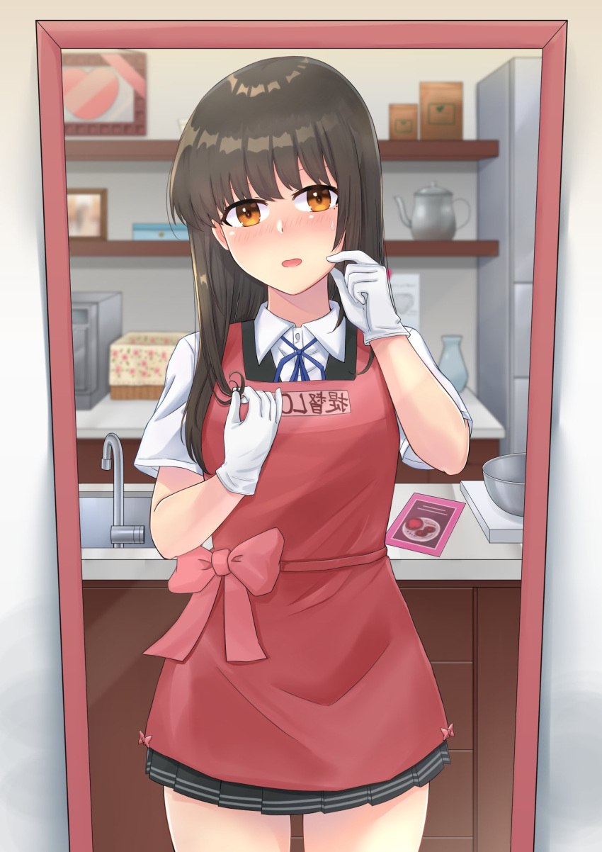 1girl apron black_hair black_skirt black_vest blue_ribbon commentary_request commission counter dress_shirt gloves hayashio_(kancolle) highres kantai_collection kitchen koureikyou_kou long_hair looking_at_mirror looking_at_viewer mirror pleated_skirt red_apron red_eyes reflection ribbon shirt sink skeb_commission skirt solo vest white_apron white_gloves white_shirt