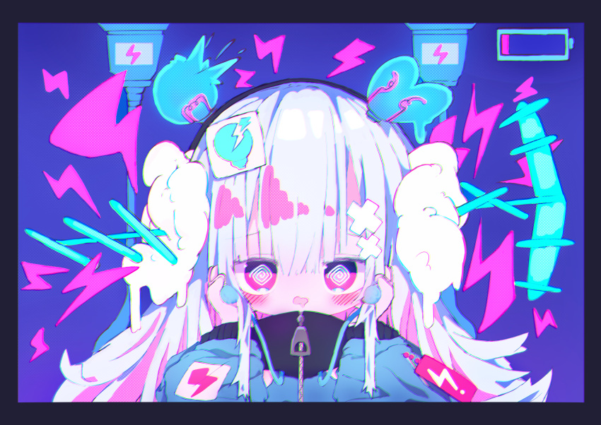 1girl @_@ absurdres amamona_p bangs battery_indicator blue_background blue_jacket blush commentary_request drooling hair_between_eyes hair_ornament hands_up highres jacket long_hair looking_at_viewer mouth_drool original oversized_zipper pink_eyes sleeves_past_fingers sleeves_past_wrists solo upper_body white_hair x_hair_ornament