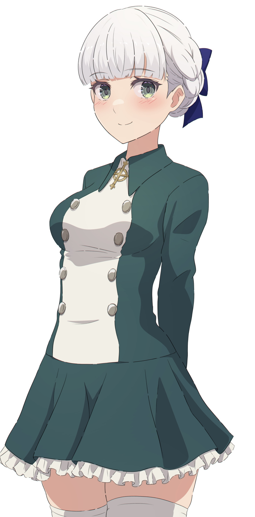 1girl absurdres alice_elliot arms_behind_back bangs blue_bow blunt_bangs blush bow braid braided_bun breasts buttons camui1104 collared_shirt cowboy_shot frilled_skirt frills green_eyes green_jacket green_skirt hair_bow hair_bun highres jacket large_breasts looking_at_viewer shadow_hearts shirt short_hair simple_background skirt smile solo standing thigh-highs white_background white_hair white_shirt white_thighhighs