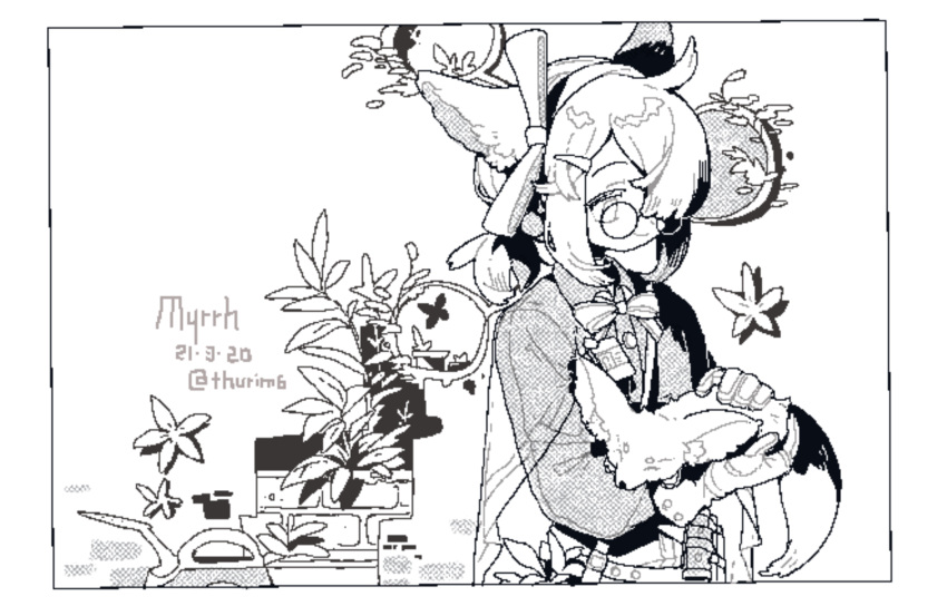 1girl animal animal_ears arknights bow bowtie character_name collared_shirt dated flashbang fox fox_ears fox_girl glasses greyscale hair_over_one_eye highres holding holding_animal jaggy_lines long_sleeves monochrome myrrh_(arknights) plant round_eyewear shirt short_hair short_ponytail simple_background solo thurim6 twitter_username upper_body white_background