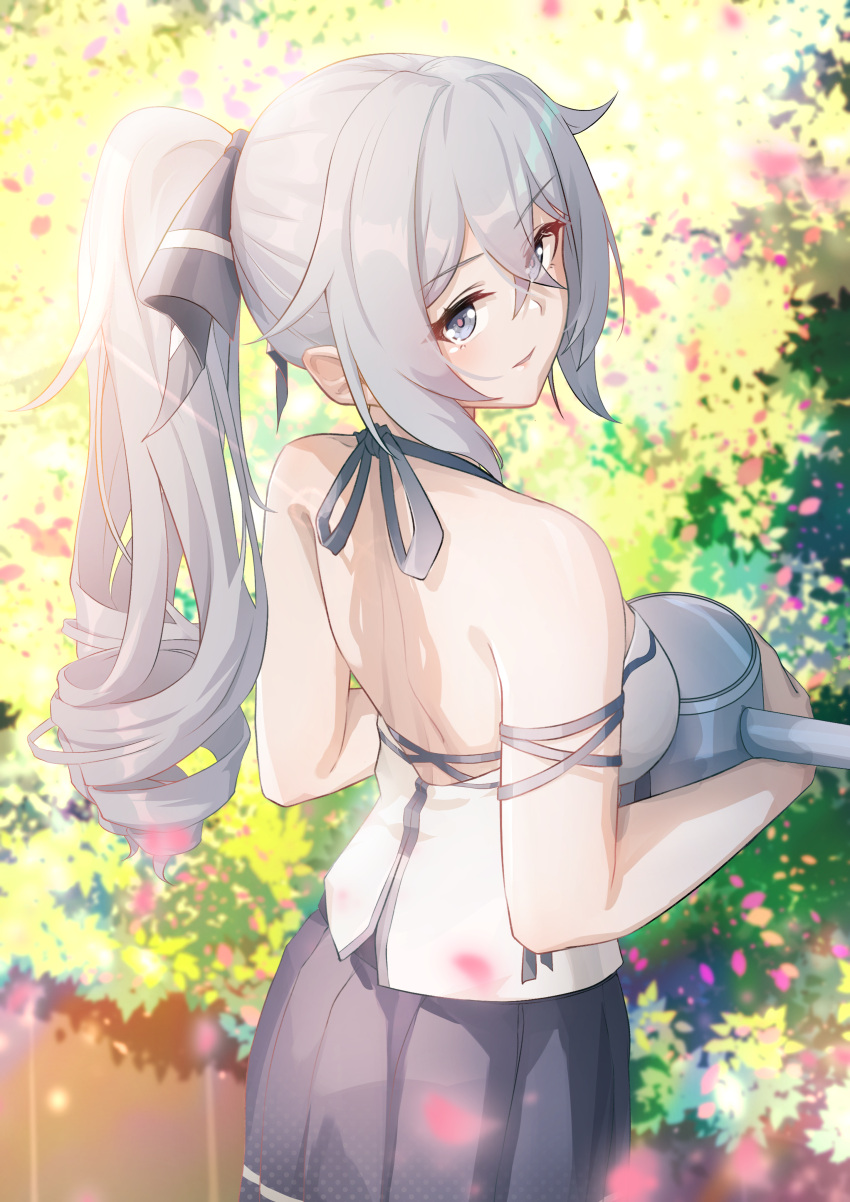 1girl absurdres back bare_shoulders breasts bronya_zaychik caisena from_behind grey_eyes grey_hair hair_between_eyes hair_ornament highres holding honkai_(series) honkai_impact_3rd long_hair medium_breasts ponytail skirt solo