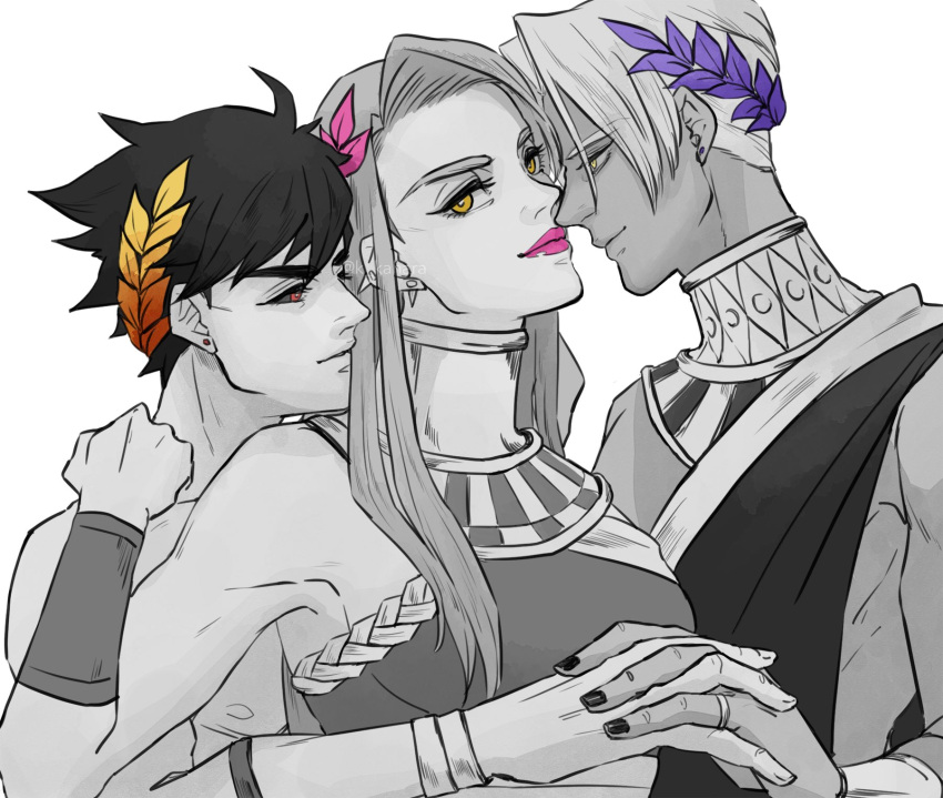 1girl 2boys black_nails black_sclera boy_sandwich colored_sclera gorget greek_clothes greyscale hades_(game) hair_down highres holding_hands interlocked_fingers jewelry kahara_kuro laurel_crown megaera_(hades) monochrome multiple_boys pink_lips red_eyes ring sandwiched smile spot_color thanatos_(hades) upper_body yellow_eyes zagreus_(hades)