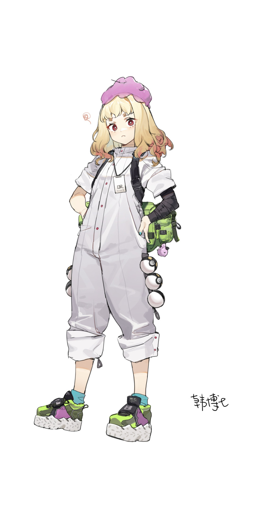 1girl absurdres bangs blonde_hair closed_mouth ditto gebijiade_89 hands_on_hips highres jumpsuit looking_at_viewer medium_hair on_head original poke_ball pokemon pokemon_(creature) pokemon_on_head red_eyes shoes simple_background standing white_background white_jumpsuit