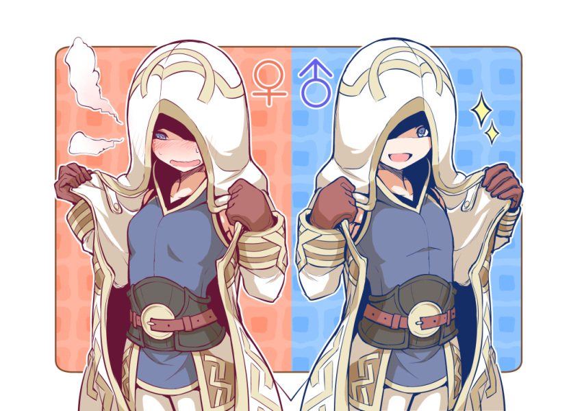 1boy 1girl belt blue_eyes blush breasts cloak embarrassed fire_emblem fire_emblem_heroes hood hood_over_one_eye hooded_cloak kiran_(fire_emblem) mars_symbol nakabayashi_zun open_clothes open_mouth shadow small_breasts smile standing steam sweat sweatdrop venus_symbol