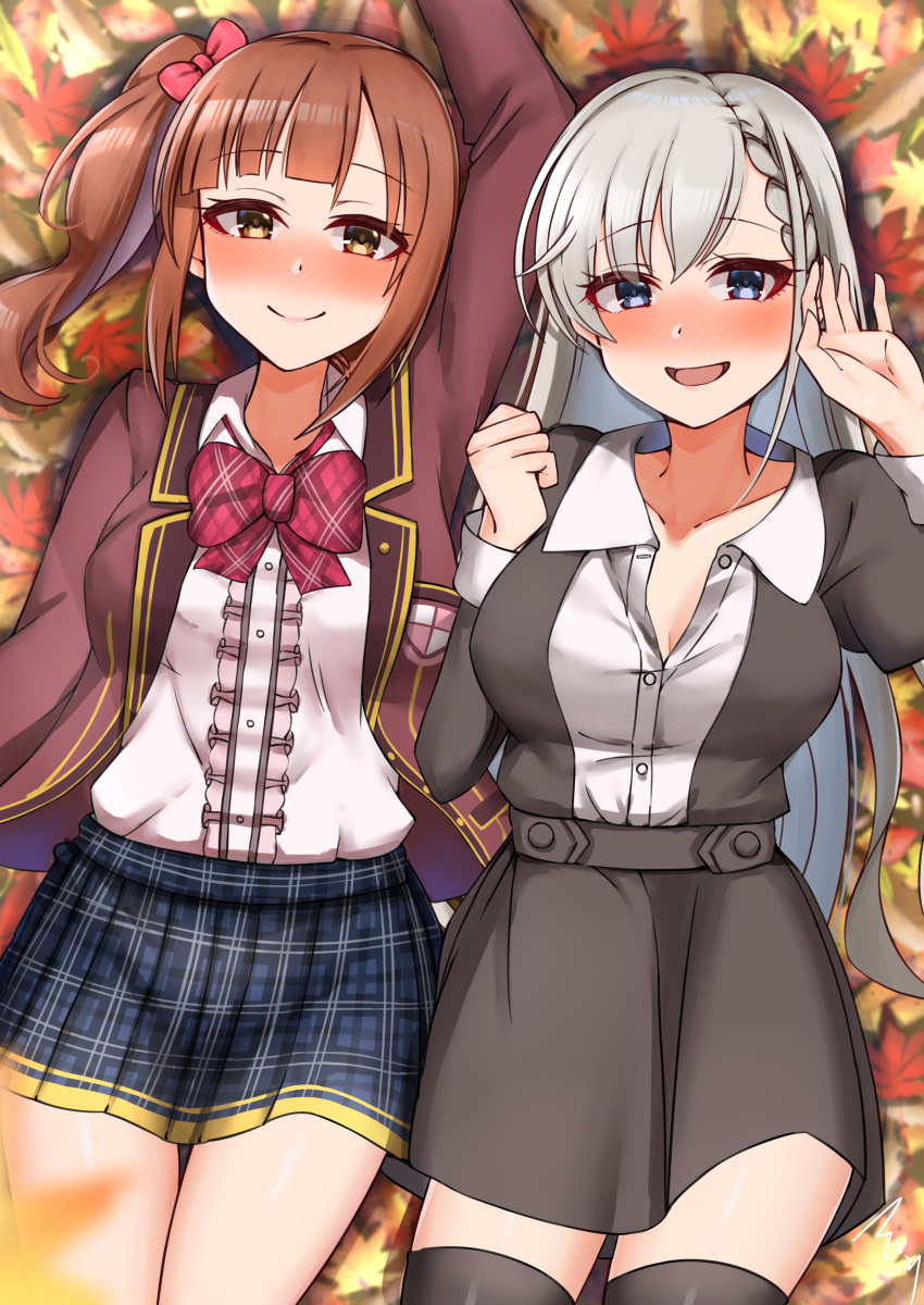 2girls absurdres arm_up autumn_leaves back-to-back bangs black_dress black_thighhighs blazer blue_eyes blue_skirt blush bow bowtie braid brown_eyes brown_hair brown_jacket center_frills collared_dress commentary_request commission dress frills from_above grey_hair hair_ribbon half-closed_eyes highres hisakawa_hayate idolmaster idolmaster_cinderella_girls igarashi_kyoko jacket long_hair long_sleeves looking_at_viewer lying mabanna miniskirt multiple_girls on_back on_side open_mouth plaid plaid_skirt pleated_skirt red_bow red_bowtie red_ribbon ribbon school_uniform shirt side-by-side skeb_commission skirt smile thigh-highs translation_request twintails white_shirt