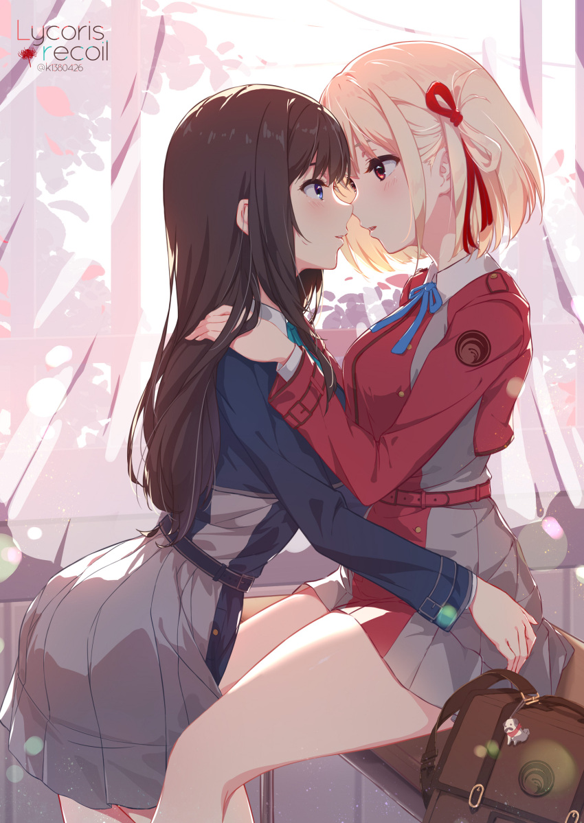 2girls black_hair blonde_hair hands_on_another's_shoulders highres indoors inoue_takina kurenaiz long_hair looking_at_another lycoris_recoil lycoris_uniform multiple_girls nishikigi_chisato noses_touching school_uniform short_hair thighs window yuri