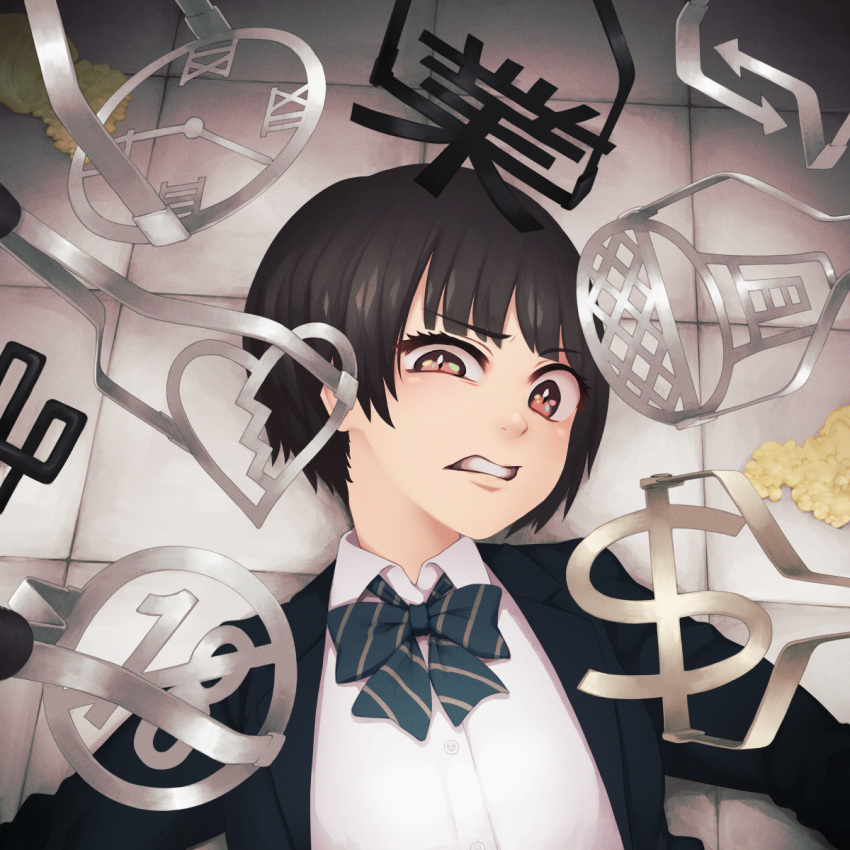 1girl black_hair broken_heart brown_eyes clock commentary dollar_sign grimace highres lying on_back original potato_masher_(cooking) school_uniform short_hair translated yajirushi_(chanoma)