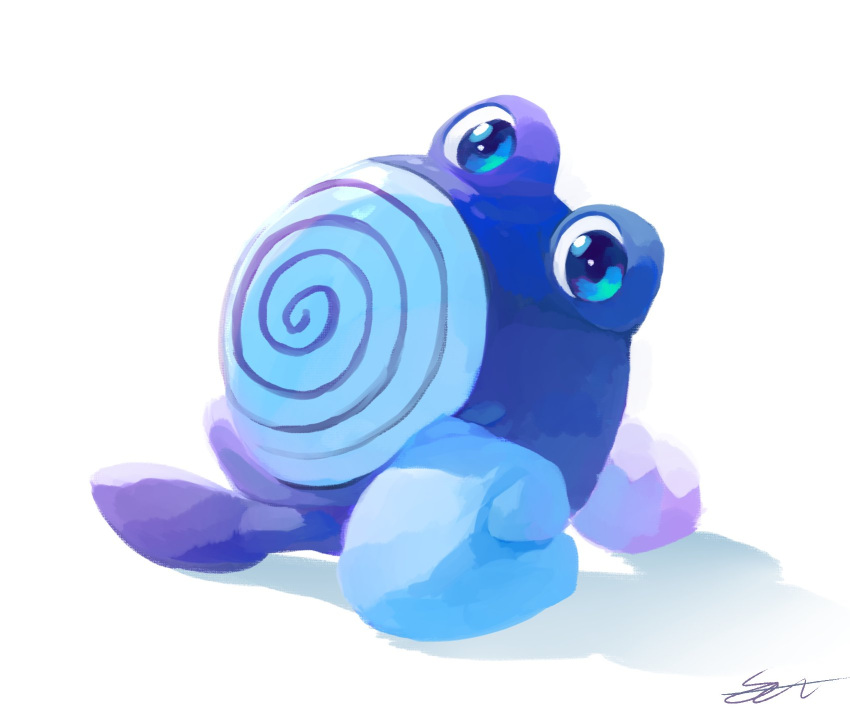 arm_support blue_eyes commentary full_body highres leaning_back likey looking_at_viewer no_humans pokemon pokemon_(creature) poliwhirl signature sitting solo spiral white_background