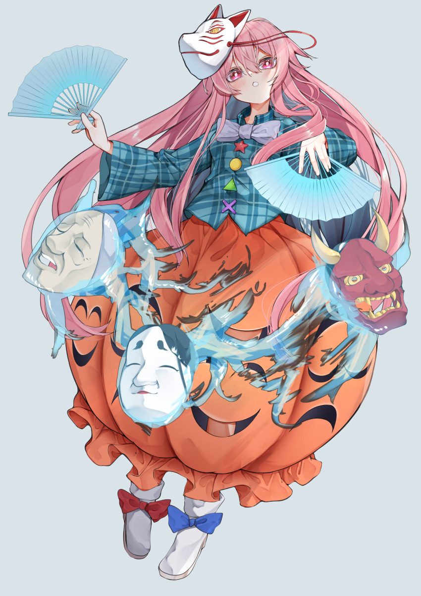 1girl aqua_shirt blush bubble_skirt collared_shirt folding_fan fox_shadow_puppet full_body hair_between_eyes hand_fan hata_no_kokoro highres holding holding_fan long_hair long_skirt long_sleeves mask mask_on_head open_mouth orange_skirt pink_eyes pink_hair plaid plaid_shirt pleated_skirt shirt skirt solo touhou tsune_(tune) white_footwear