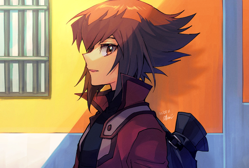 1boy bangs brown_eyes brown_hair duel_academy_uniform_(yu-gi-oh!_gx) from_side hair_between_eyes jacket looking_at_viewer male_focus mikami_(mkm0v0) multicolored_hair open_clothes open_jacket shirt short_hair smile solo two-tone_hair upper_body yu-gi-oh! yu-gi-oh!_gx yuuki_juudai