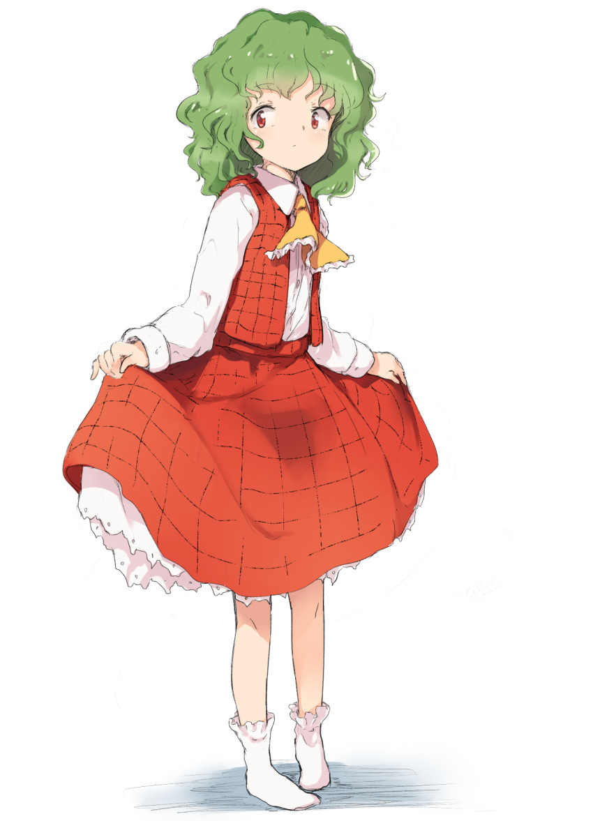 1girl aged_down ascot child commentary curtsey female_child full_body green_hair highres kazami_yuuka long_sleeves looking_to_the_side medium_hair plaid plaid_skirt plaid_vest red_eyes red_skirt red_vest ripu_(lipi) shirt simple_background skirt skirt_hold socks solo standing touhou vest wavy_hair white_background white_shirt white_socks yellow_ascot