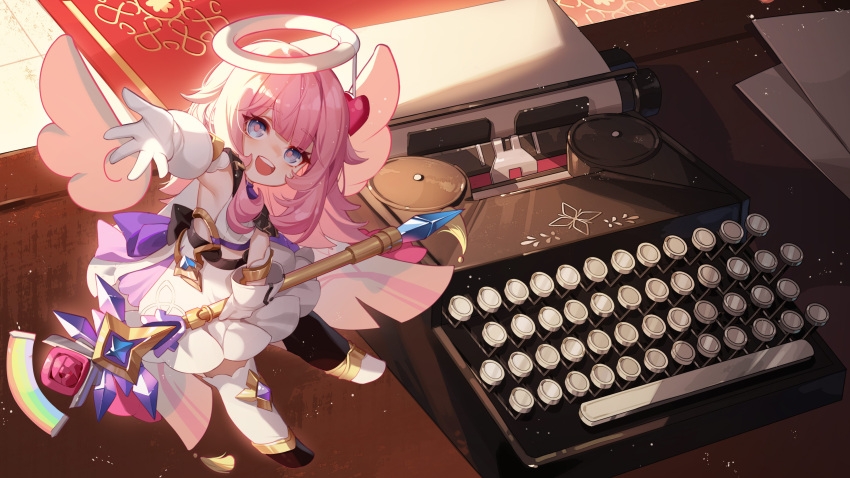 1girl absurdres ai_xiao_meng asymmetrical_legwear black_thighhighs blue_eyes detached_wings elf_elysia floating gloves halo heart highres holding holding_staff honkai_(series) honkai_impact_3rd long_hair looking_at_viewer mismatched_legwear open_mouth pink_hair pink_pupils reaching_out smile solo staff teeth thigh-highs typewriter upper_teeth white_gloves white_thighhighs wings