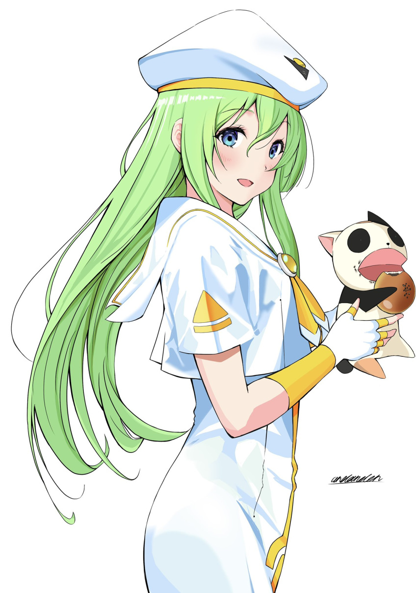 1girl alice_carroll andanden aria ascot bangs beret blue_eyes blush cat dress fingerless_gloves from_side gloves green_hair hair_between_eyes hat highres logo long_dress long_hair looking_at_viewer open_mouth orange_planet_uniform patch president_maa sailor_collar shirt short_sleeves smile solo straight_hair summer_uniform undine_(aria) uniform upper_body white_dress white_gloves white_headwear white_sailor_collar white_shirt yellow_ascot yellow_gloves