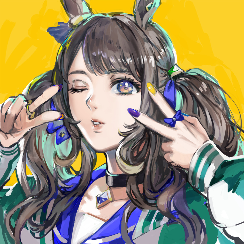1girl animal_ears bangs brown_hair collar double_v green_jacket grey_eyes hands_up highres horse_ears jacket jewelry long_hair long_sleeves looking_at_viewer multicolored_nails one_eye_closed otimusyairoha parted_lips ring sailor_collar simple_background solo tosen_jordan_(umamusume) twintails umamusume upper_body v v_over_eye yellow_background