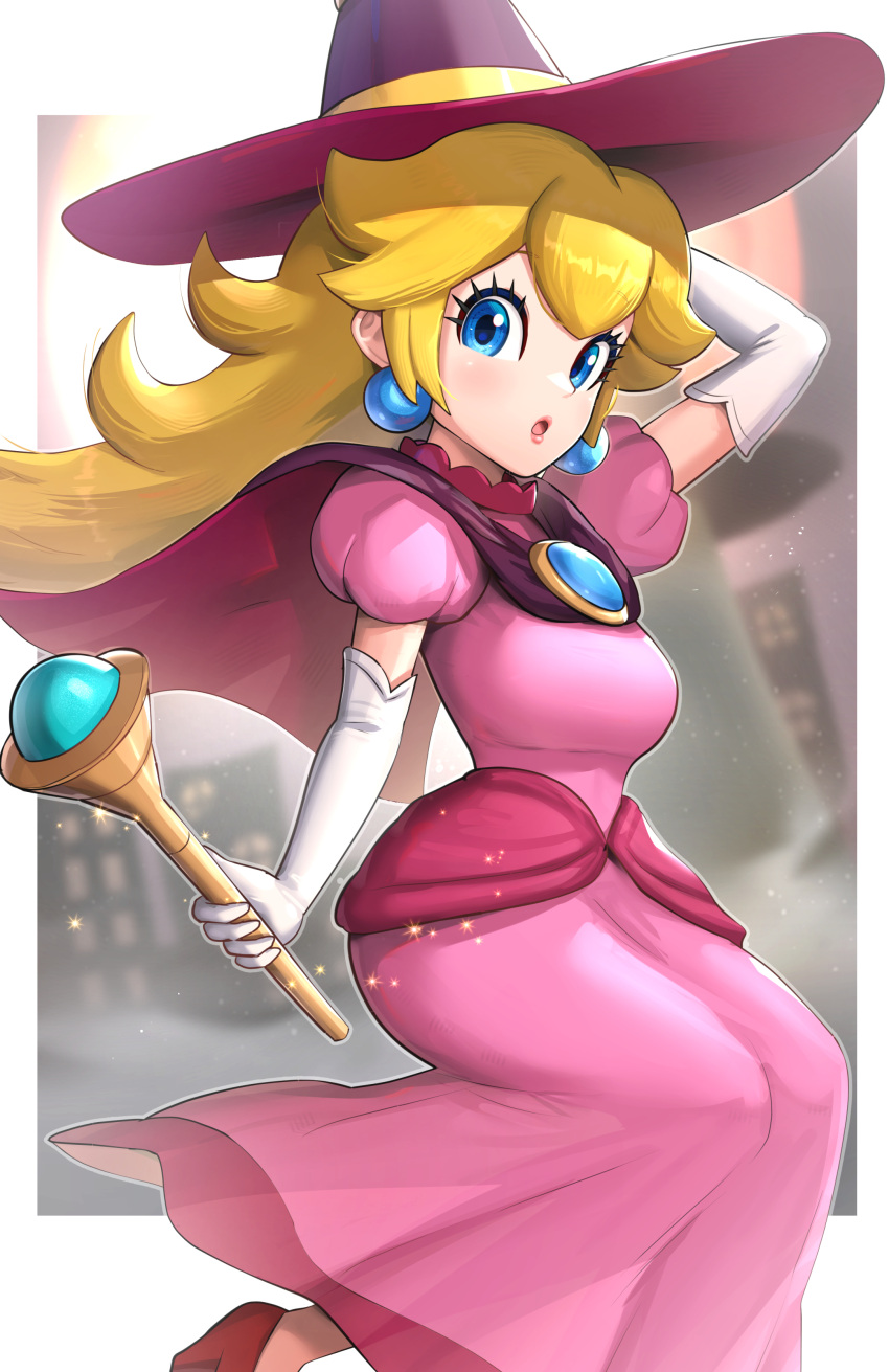 1girl absurdres arm_behind_head blonde_hair blue_eyes blurry blurry_background breasts building cape dress elbow_gloves gloves gonzarez hat highres holding holding_wand lipstick looking_at_viewer makeup medium_breasts open_mouth pink_dress pink_lips princess_peach puffy_short_sleeves puffy_sleeves short_sleeves solo super_mario_bros. wand white_gloves witch witch_hat