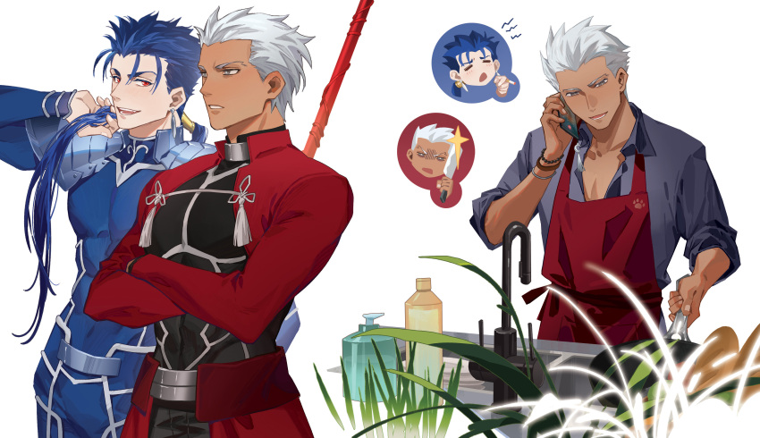 2boys abs absurdres apron archer_(fate) armor black_bodysuit black_shirt blue_bodysuit blue_hair bodysuit bracelet cigarette closed_eyes collared_shirt commentary covered_abs crossed_arms cu_chulainn_(fate) cu_chulainn_(fate/stay_night) dark-skinned_male dark_skin earrings fate/stay_night fate_(series) frying_pan gae_bolg_(fate) grass grey_eyes hand_up highres holding holding_cigarette holding_frying_pan holding_hair holding_knife holding_phone holding_polearm holding_weapon jewelry knife kuzen long_hair looking_afar looking_at_another low_ponytail male_focus multiple_boys muscular muscular_male open_mouth phone plant polearm ponytail red_apron red_eyes shirt short_hair shrug_(clothing) sink smile spear upper_body weapon white_background white_hair