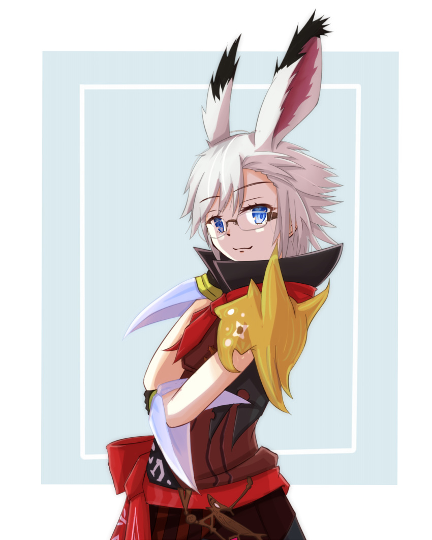 1girl avatar_(ff14) bad_source blonde_hair blue_eyes crossed_arms final_fantasy final_fantasy_xiv glasses highres rabbit_girl short_hair smug viera