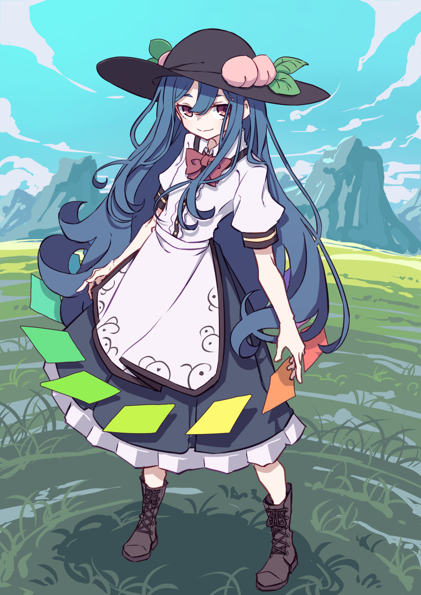 1girl absurdres apron black_headwear blouse blue_bow blue_hair blue_skirt blue_sky bow bowtie brown_footwear buttons cross-laced_footwear day dress_shirt food frills fruit grass hat highres hinanawi_tenshi kame_(kamepan44231) leaf long_hair looking_at_viewer mountainous_horizon neck_ribbon outdoors peach puffy_short_sleeves puffy_sleeves rainbow_order red_bow red_eyes ribbon shirt shoes short_sleeves skirt sky smile solo touhou white_shirt wing_collar