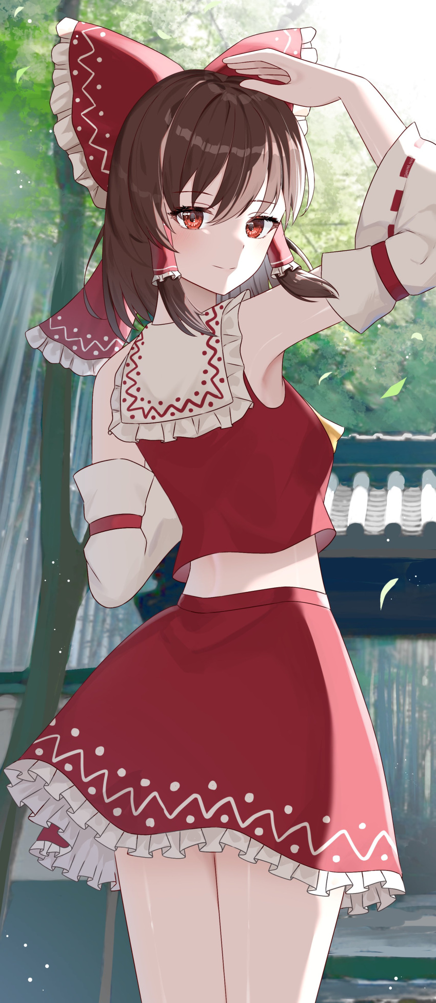 1girl absurdres anima_miko bare_shoulders bow breasts brown_eyes brown_hair commentary_request cowboy_shot detached_sleeves frilled_skirt frills hair_bow hakurei_reimu highres long_sleeves looking_at_viewer looking_back midriff_peek red_skirt red_vest skirt small_breasts solo touhou vest white_sleeves wide_sleeves