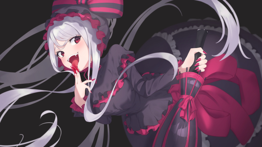 1girl :d bangs black_background black_bow black_dress blood blood_on_hands bow breasts closed_umbrella dress fangs frills gasima0524 gothic_lolita grey_hair hair_bow highres holding holding_umbrella lolita_fashion long_hair looking_at_viewer overlord_(maruyama) red_bow red_eyes shalltear_bloodfallen shiny shiny_hair smile solo teeth tongue tongue_out umbrella vampire