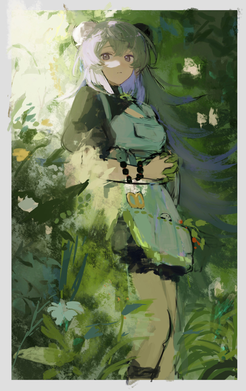 1girl absurdres apron arknights bead_bracelet beads black_shirt border bracelet bun_cover double_bun feet_out_of_frame flower grass grey_hair hair_bun highres jewelry koba_(jdhikdjdkfiwufh) long_hair looking_at_viewer mulberry_(arknights) mulberry_(plant_crude_drug)_(arknights) official_alternate_costume outdoors plant shirt sketch solo violet_eyes white_apron white_border white_flower