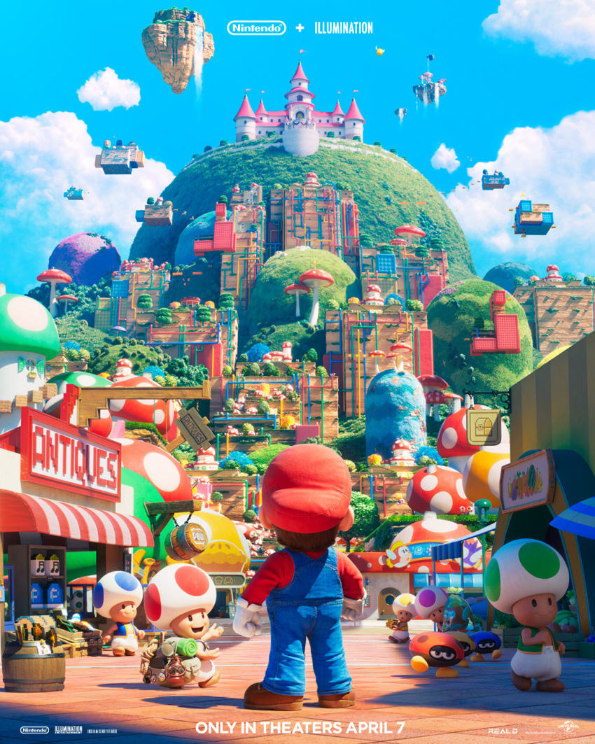 3d 6+boys backpack bag barrel biddybud brown_hair castle cheep_cheep clenched_hands clouds copyright_name english_commentary floating_island from_behind gloves highres key_visual logo mario mountain multiple_boys mushroom official_art open_mouth overalls promotional_art red_headwear sky smile spiny_cheep_cheep super_mario_bros. super_mario_bros._(2023_film) toad_(mario) walking water waterfall white_gloves