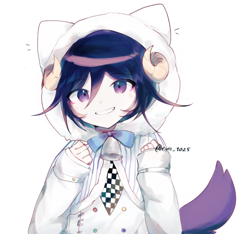 1boy animal_ears artist_name bangs bell blue_bow blue_bowtie bow bowtie cape checkered_clothes checkered_scarf clenched_hands danganronpa_(series) danganronpa_v3:_killing_harmony fur-trimmed_cape fur_trim grin hair_between_eyes hands_up highres horns jacket medium_hair neck_bell ouma_kokichi purple_hair rui_(ruii_1025) scarf shiny shiny_hair smile solo striped_cape tail teeth white_cape white_jacket wolf_tail