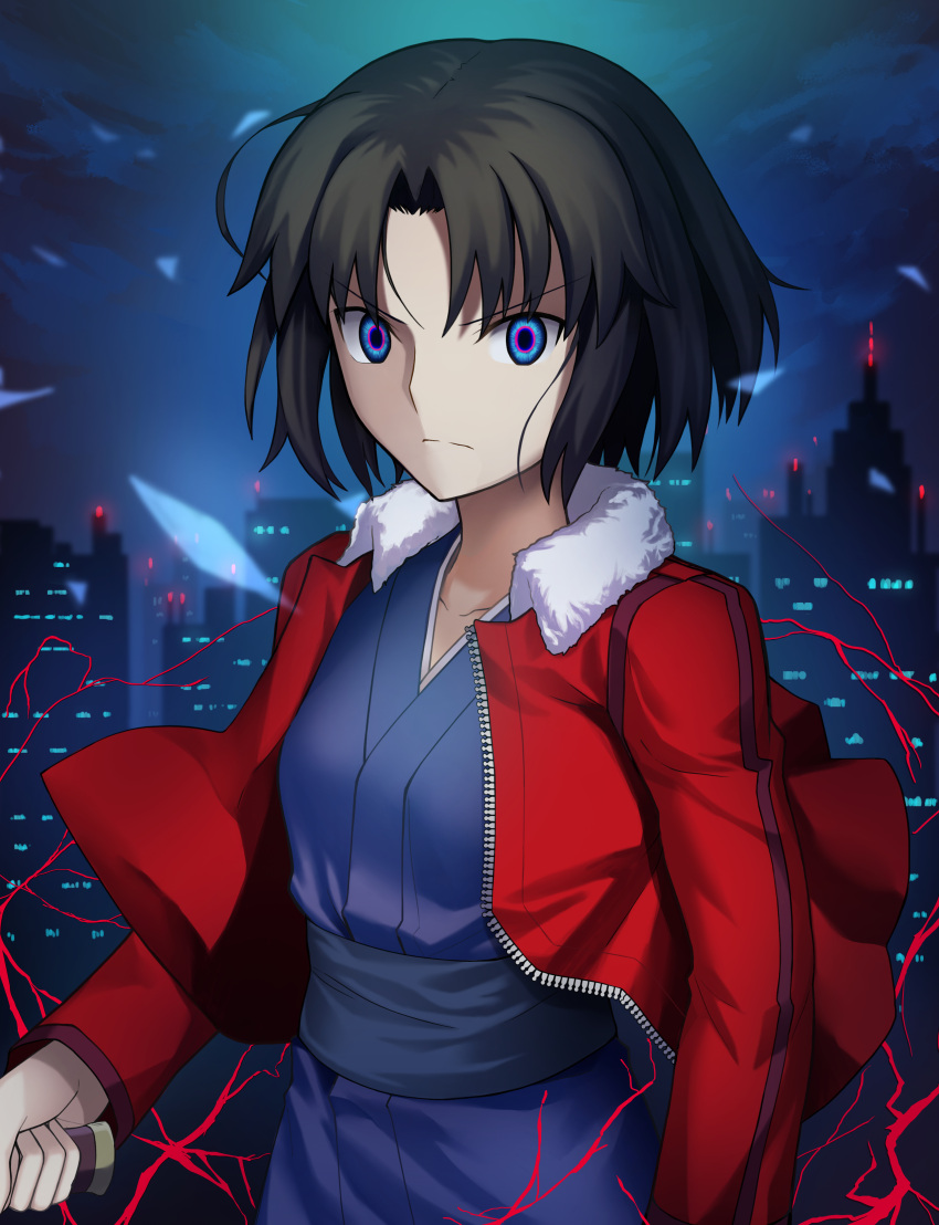 1girl absurdres bangs black_hair blue_eyes blue_kimono building city_lights closed_mouth commentary_request fur-trimmed_jacket fur_trim hakurei-yuga highres holding holding_knife holding_weapon jacket japanese_clothes kara_no_kyoukai kimono knife long_sleeves looking_at_viewer mystic_eyes_of_death_perception night night_sky open_clothes open_jacket parted_bangs red_jacket ryougi_shiki sash short_hair sky solo weapon zipper