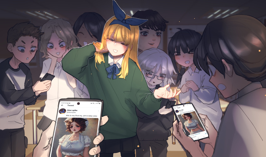 &gt;_&lt; 3boys 5girls :o =_= ^_^ absurdres adjusting_hair among_us_eyes_(meme) arm_up bangs black-framed_eyewear black_eyes black_hair black_pants black_pantyhose black_skirt black_sleeves black_sweater blonde_girl_(popopoka) blonde_hair blue_bow blue_bowtie blue_hairband blue_ribbon blunt_bangs blurry blurry_background blush bow bowtie breasts brown_hair cellphone classroom closed_eyes collared_shirt commentary cowboy_shot dark-skinned_female dark_skin english_commentary english_text facial_hair fake_screenshot flat_chest glasses green_sweater grey_hair hair_bobbles hair_ornament hairband hand_in_pocket hand_up hands_on_own_cheeks hands_on_own_face hands_up happy head_tilt highres holding holding_phone indoors large_breasts long_hair long_sleeves looking_at_phone looking_down meme miniskirt multiple_boys multiple_girls mustache neck_ribbon open_mouth original over_shoulder own_hands_together pants pantyhose parted_bangs phone pleated_skirt popopoka pov raglan_sleeves ribbon semi-rimless_eyewear shiny shiny_hair shirt short_hair sideways_mouth skirt smartphone smile solo_focus stubble sweater teeth twintails twitter white_shirt wide-eyed