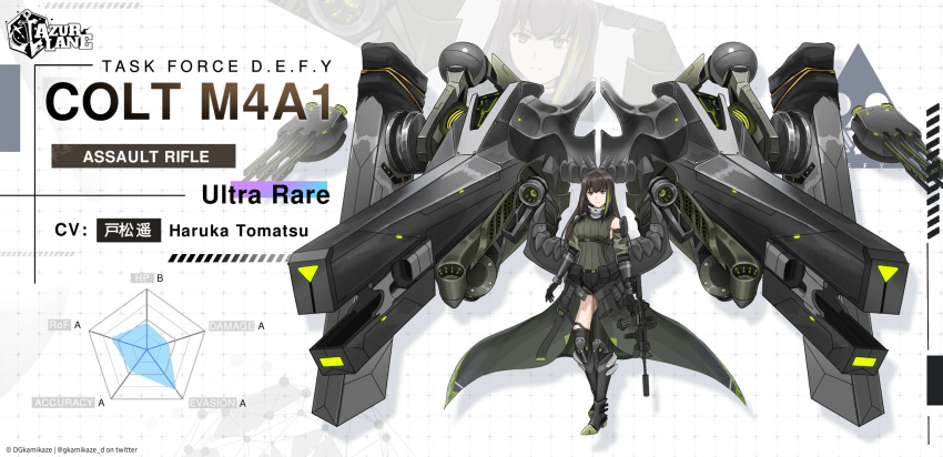 1girl assault_rifle azur_lane bangs black_eyes black_hair character_name clothes_around_waist copyright_name dgkamikaze english_commentary english_text expressionless full_body girls_frontline gloves green_hair gun hair_between_eyes highres holding holding_gun holding_weapon jacket jacket_around_waist long_hair looking_at_viewer m4_carbine m4a1_(girls'_frontline) mod3_(girls'_frontline) multicolored_hair parody rifle rigging scarf solo standing stats streaked_hair thigh-highs tomatsu_haruka voice_actor weapon